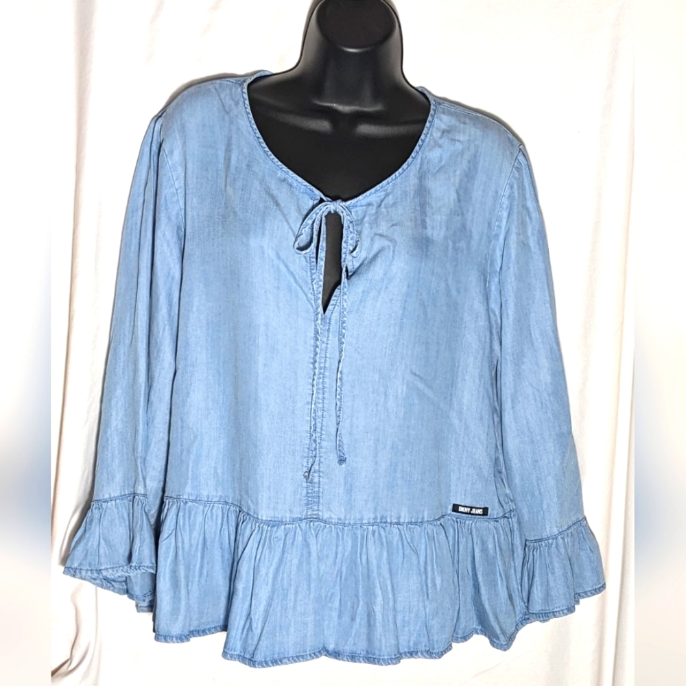 Women's DNKY Blue Top with ruffle detail & tie neck | size L